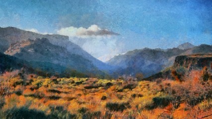 Hand drawing watercolor art on canvas. Artistic big print. Original modern painting. Acrylic dry brush background. Beautiful mountain landscape. Travel canyon view. Exotic tropical resort. Wild nature