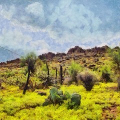 Hand drawing watercolor art on canvas. Artistic big print. Original modern painting. Acrylic dry brush background. Beautiful mountain landscape. Travel canyon view. Exotic tropical resort. Wild nature