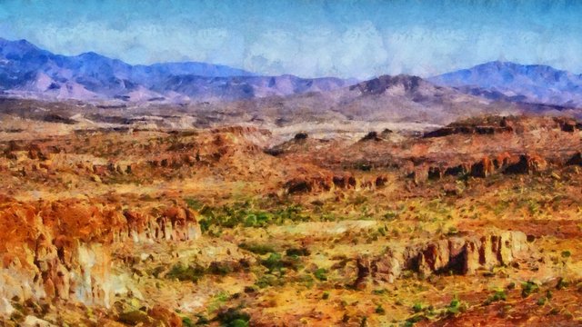 Hand drawing watercolor art on canvas. Artistic big print. Original modern painting. Acrylic dry brush background. Beautiful mountain landscape. Travel canyon view. Exotic tropical resort. Wild nature