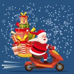 Happy Santa Claus with a gifts box riding a scooter. Christmas holiday theme design element for greeting cards, banners, ads in contemporary cartoon style. Vector lustration