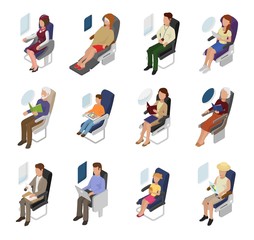 Fototapeta na wymiar Airplane passenger vector people businessman woman character sitting in plane near window illustration flight set of person man kid on board seat travelling in aeroplane isolated on white background