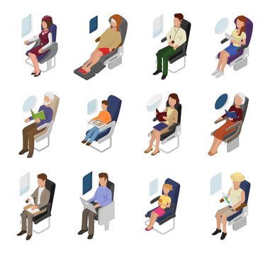 Airplane passenger vector people businessman woman character sitting in plane near window illustration flight set of person man kid on board seat travelling in aeroplane isolated on white background
