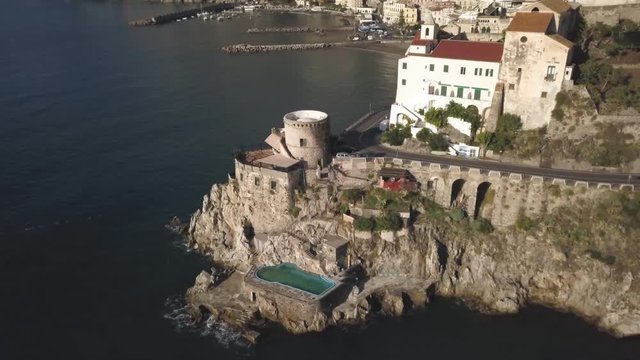 Aerial, old buildings on Amalfi Coast
