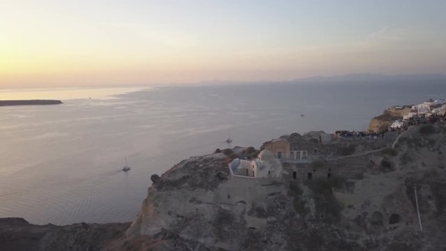Byzantine Castle Ruins at sunset, panning aerial