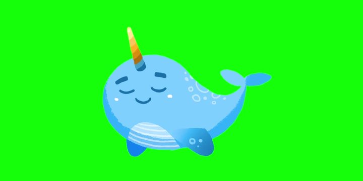 Narwhal cartoon 2D animation on green screen