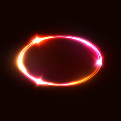 Oval frame. Neon sign with light sparkles. Glowing logo design. Pink red yellow ellipse background. Bright colors vector illustration.