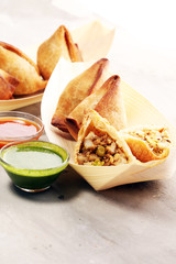 Vegetarian samsa or samosas.Indian special traditional street food punjabi samosa or Coxinha, Croquete and other Fried Brazilian Snacks