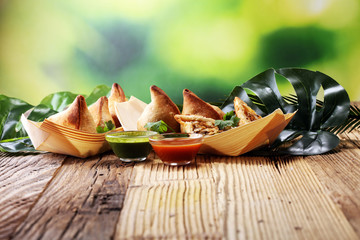 Vegetarian samsa or samosas.Indian special traditional street food punjabi samosa or Coxinha, Croquete and other Fried Brazilian Snacks