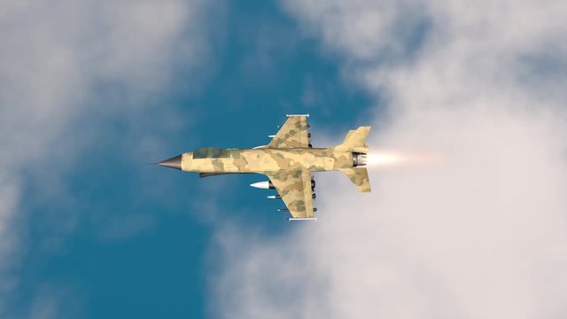 3D Animation of a fighter jet flying through clouds