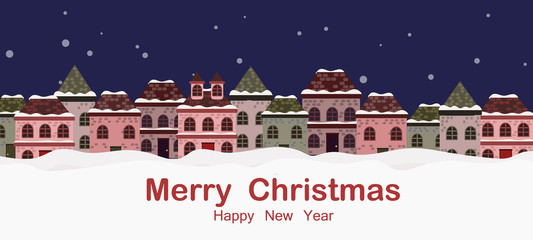  Christmas greeting card banner background with winter landscape and houses.  vector illustration