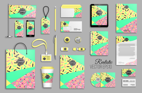 Corporate identity template set with the eighties style, memphis design