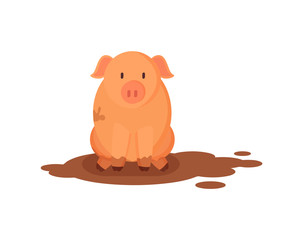 Funny Pink Pig in Dirty Puddle Vector Illustration