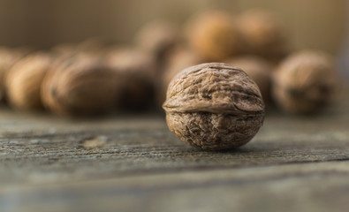 Fresh walnuts in shell. Selective focus