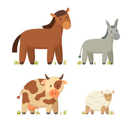 Horse Standing on Grass Set Vector Illustration