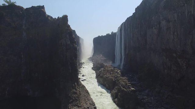 Inside the Canyon aerial view at Victoria Falls, showing the falls and river during Dry Season