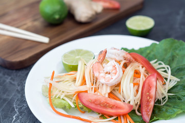 cooking thai salad and rice in the kitchen 