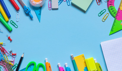 School supplies on table background, back to school concept, top view