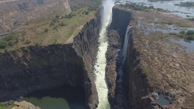 Above Victoria Falls during Dry Season from Zambia, drone shot