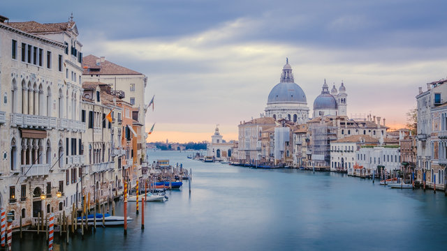 View of Grand canal and Santa Maria della Salute cathedral, crisp cold style, Venice