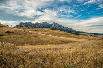 Fototapeta premium View of Flatirons from Grassy Meadow