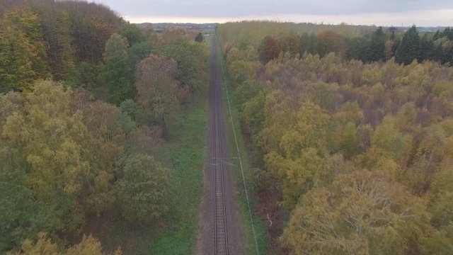 aerial - railroad tracks that go through wooded area