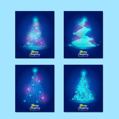 Set of Christmas Greeting Cards. Vector illustrations of abstract christmas tree on the blue background.