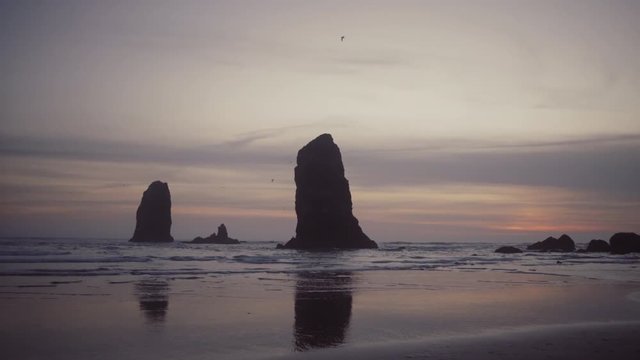 Sea stack in Ocean at Cannon Beach, Twilight, Oregon, USA