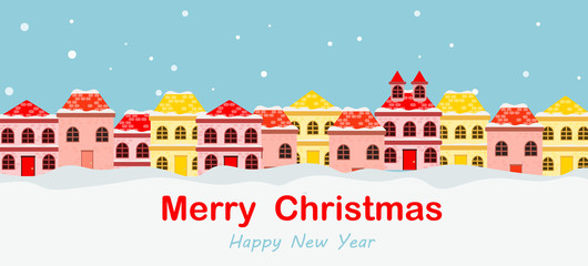  Merry Christmas greeting card, banner with colorful winter landscape village and houses, vector illustration