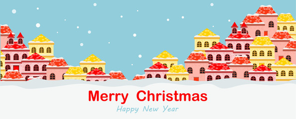  Merry Christmas greeting card, banner with colorful winter landscape village and houses, vector illustration