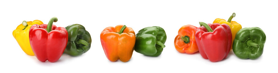 Set of different bell peppers on white background