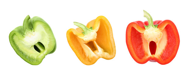 Set of sliced different bell peppers on white background