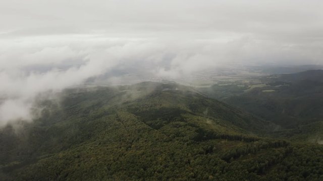 Backward flying over green forest through clouds, Wide aerial shot, Slovakia