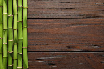 Green bamboo stems and space for text on wooden background, top view