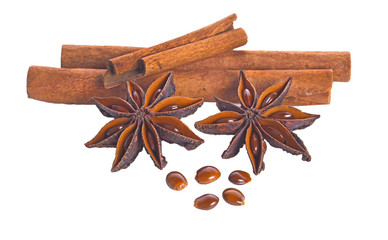 Star anise spice fruits and Cinnamon on white background