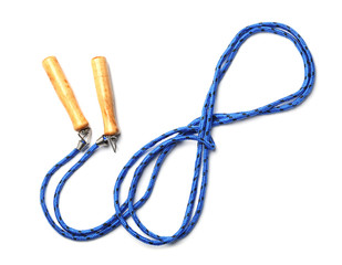 Jump rope on white background, top view. Sports equipment