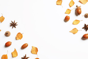 Flat lay composition with autumn leaves and space for text on white background