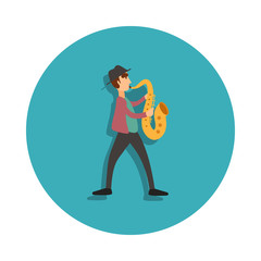 Jazzman in hat with saxophone icon. Elements of Musician Kompazisya in badge style icons. Simple icon for websites, web design, mobile app, info graphics