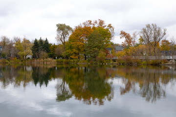Beautiful fall scenery with reflection in water 