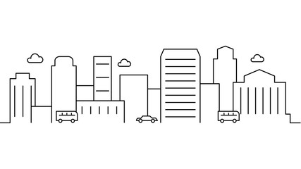 City landscape template. Thin line City landscape. Cityscape, cars Isolated outline illustration. Urban life Vector illustration