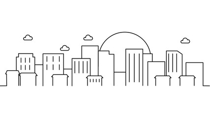 City landscape template. Thin line City landscape. Cityscape, cloud, sun Isolated outline illustration. Urban life Vector illustration