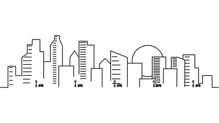 Fototapeta premium City landscape template. Thin line City landscape. Cityscape, sun Isolated outline illustration. Urban life Vector illustration
