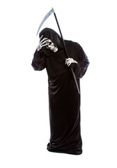 Halloween costume of a skeleton grim reaper wearing a black robe on a white background looking...