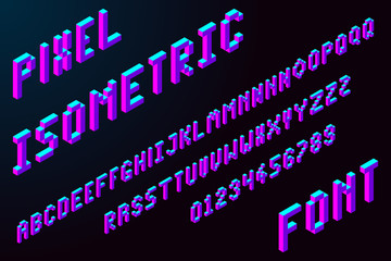 3d pixel isometric font in modern color, stock vector illustration