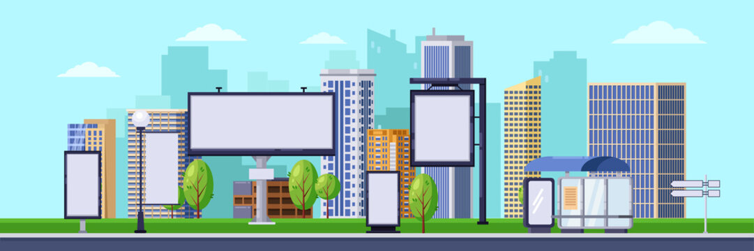 City advertising illustration. Vector cityscape with blank billboards and banners. Business promotion and advertisement