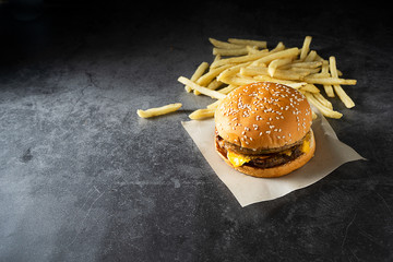 Beef or pork .Hamburger and french fries on dark background