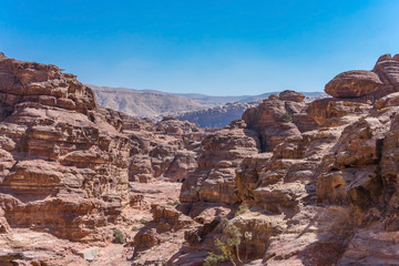 View of rocks and way to the Monastery in Petra, Jordan. UNESCO World Heritage Sites and one of the world wonders