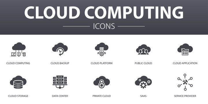 Cloud computing simple concept icons set. Contains such icons as Cloud Backup, data center, SaaS,  Service provider and more, can be used for web, logo, UI/UX