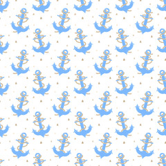 Seamless pattern of hand-drawn anchors in the sea. Vector image on the marine theme for a boy sailor. Illustration for holiday, baby shower, birthday, textile, wrapper, greeting card, print, banner