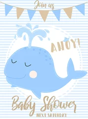 Fototapeten Vektorbild eines Blauwals mit der Aufschrift Baby Shower und Ahoi auf einem gestreiften Hintergrund. Illustration zum Thema Meer für einen jungen Seemann. Einladungskartenvorlage für einen Urlaub, Geburtstag © Anton