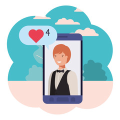 young businessman in smartphone with speech bubble